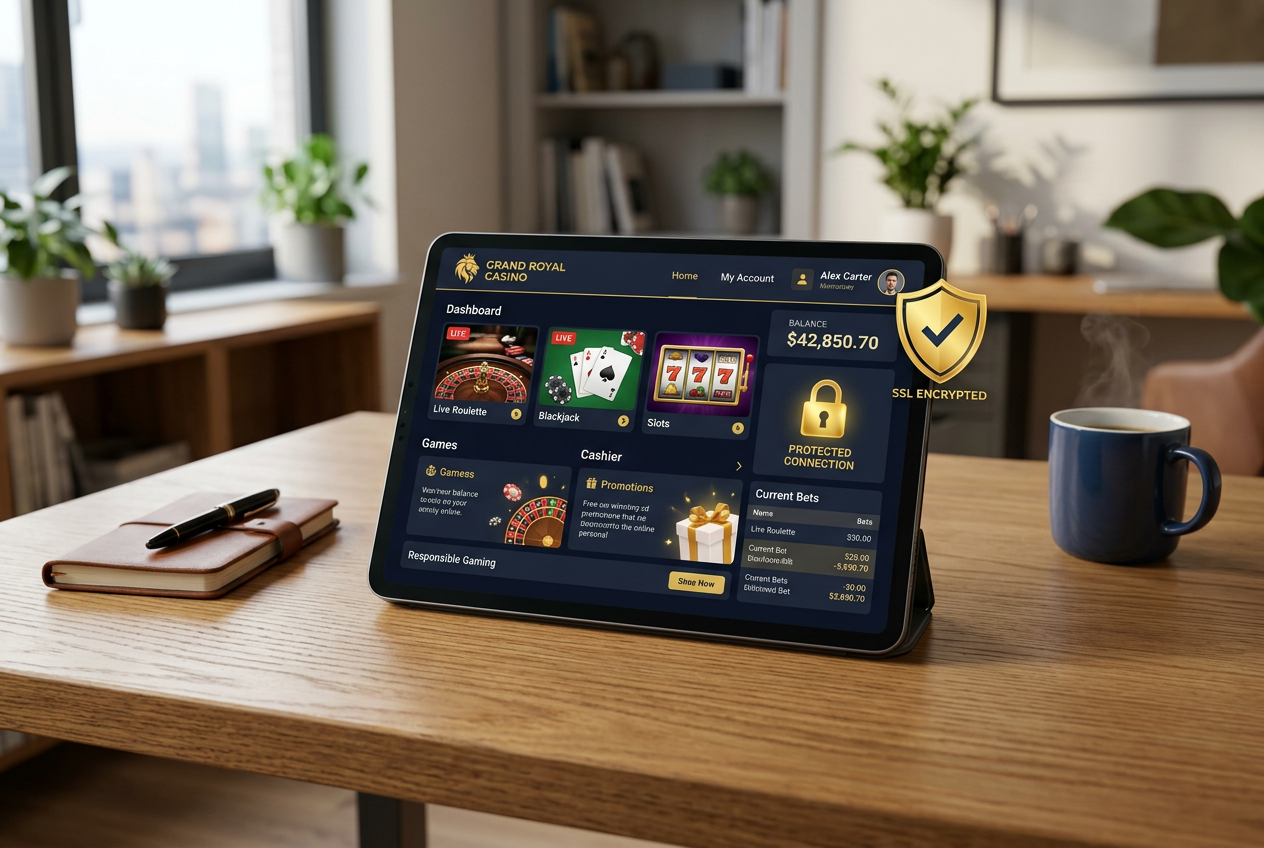 A modern digital device displaying a secure online casino interface with encryption icons.