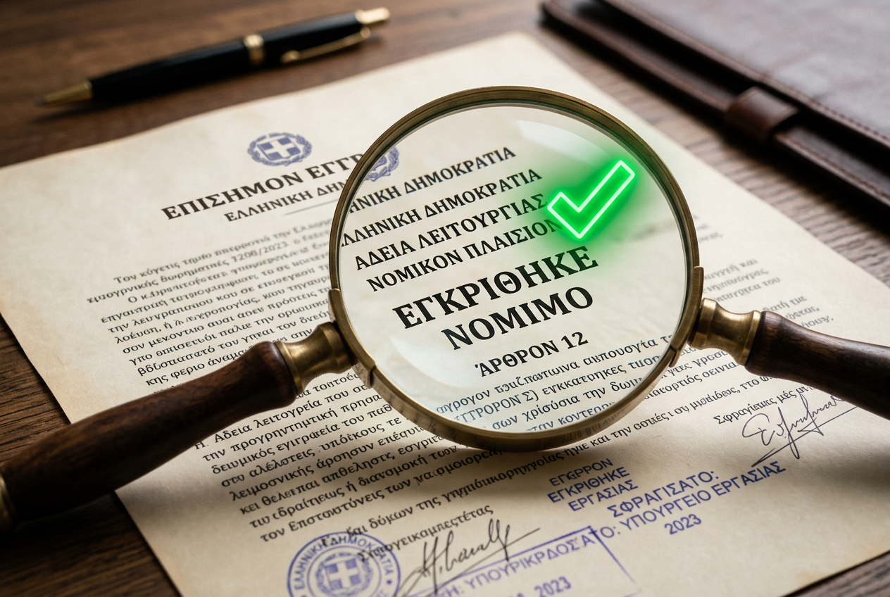 A symbolic representation of legal compliance with a magnifying glass over official documents.